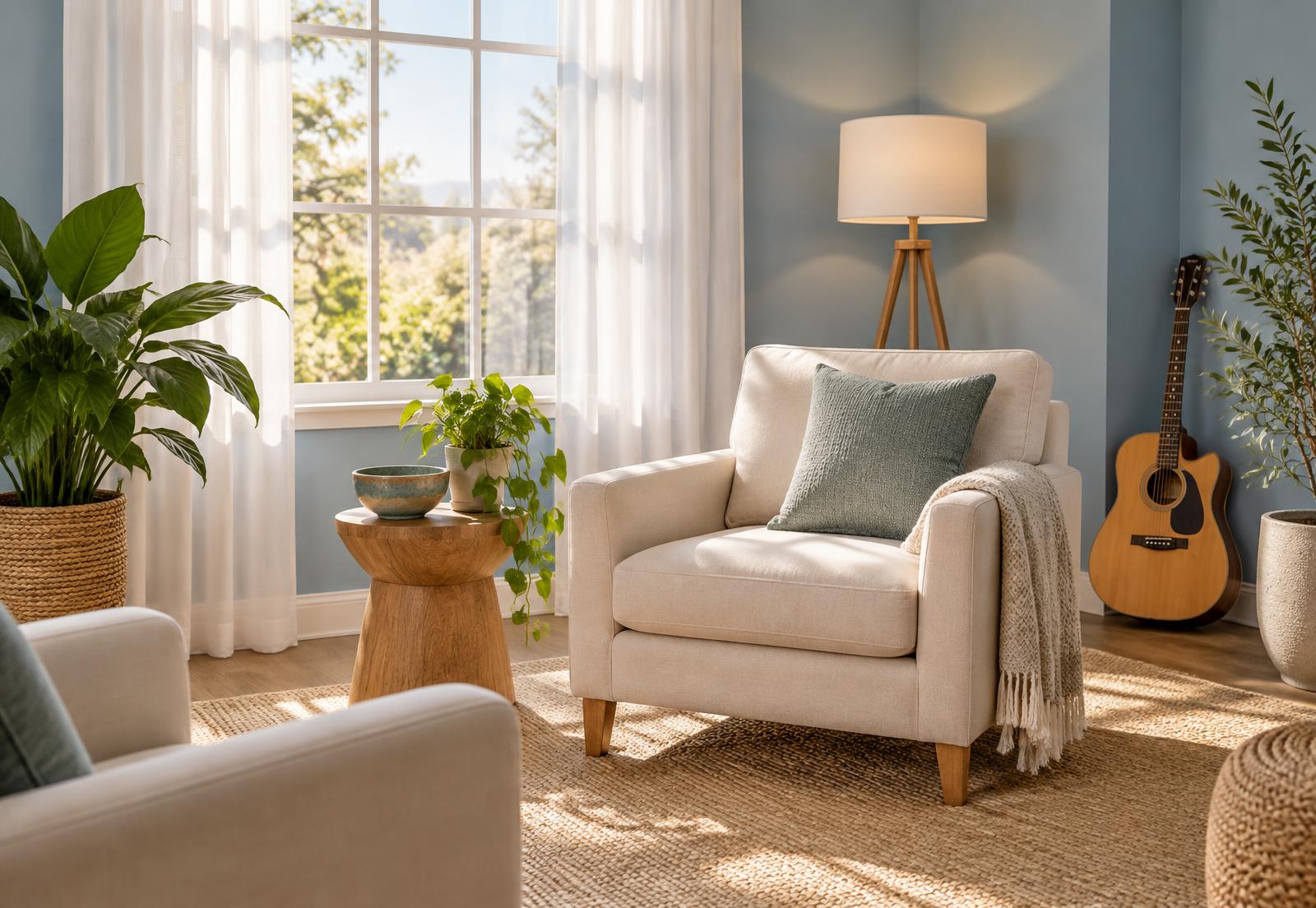 A calm, sunlit counseling room with an armchair, plants, and a guitar